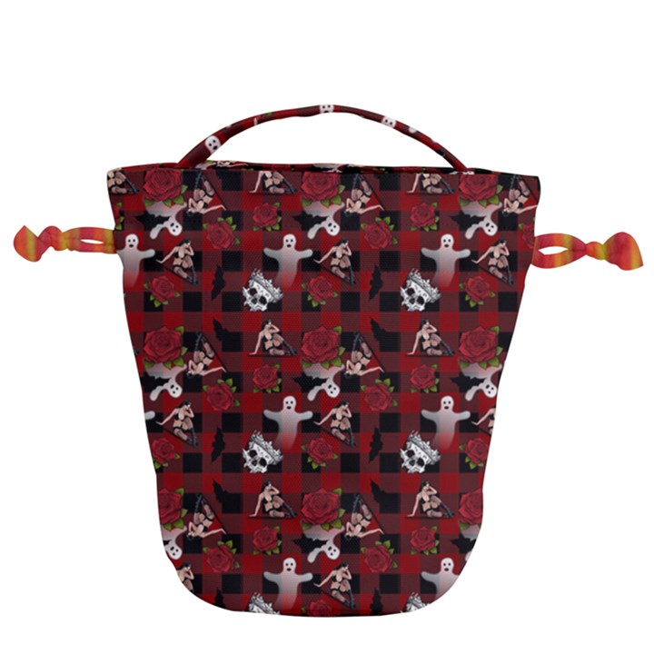 Gothic Woman Rose Bats Pattern Drawstring Bucket Bag