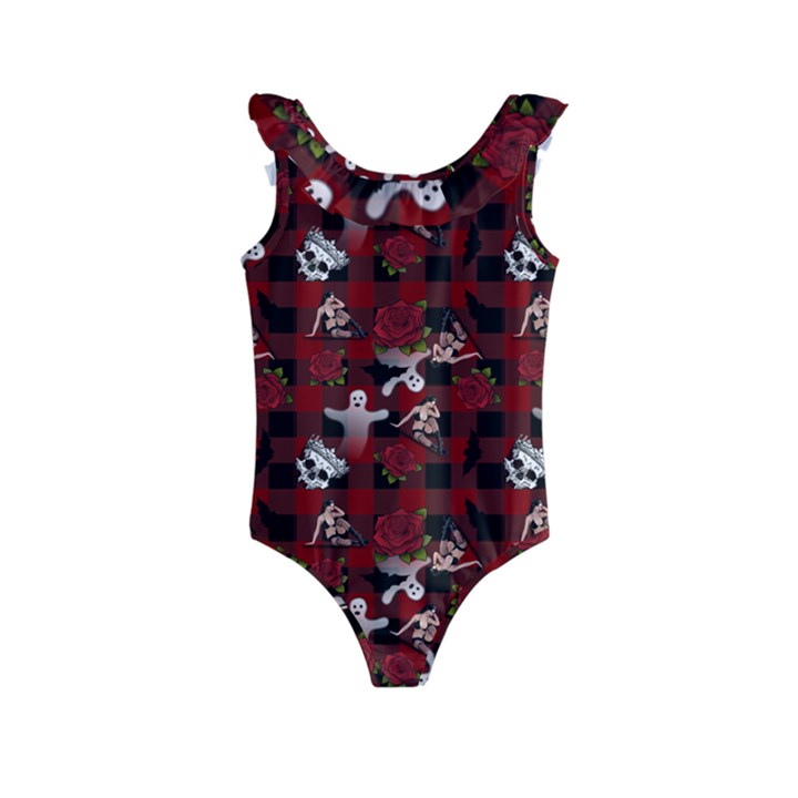 Gothic Woman Rose Bats Pattern Kids  Frill Swimsuit