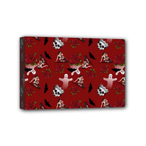 Gothic Woman Rose Bats Pattern Red Mini Canvas 6  X 4  (stretched) by snowwhitegirl