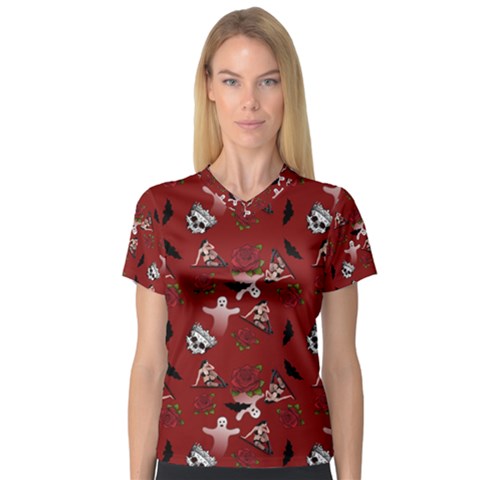 Gothic Woman Rose Bats Pattern Red V-neck Sport Mesh Tee by snowwhitegirl