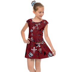 Gothic Woman Rose Bats Pattern Red Kids Cap Sleeve Dress