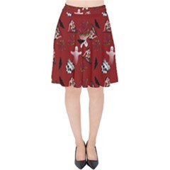 Gothic Woman Rose Bats Pattern Red Velvet High Waist Skirt by snowwhitegirl