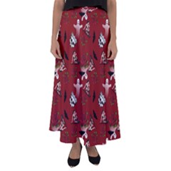 Gothic Woman Rose Bats Pattern Red Flared Maxi Skirt by snowwhitegirl