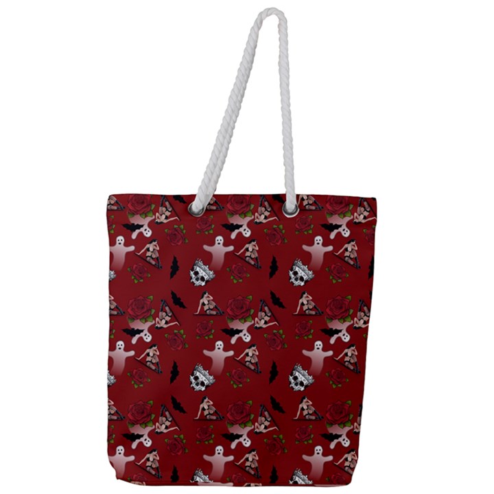 Gothic Woman Rose Bats Pattern Red Full Print Rope Handle Tote (Large)