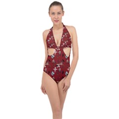 Gothic Woman Rose Bats Pattern Red Halter Front Plunge Swimsuit