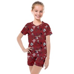 Gothic Woman Rose Bats Pattern Red Kids  Mesh Tee And Shorts Set