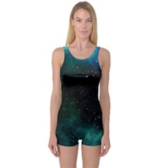 Galaxy Sky Blue Green One Piece Boyleg Swimsuit by snowwhitegirl