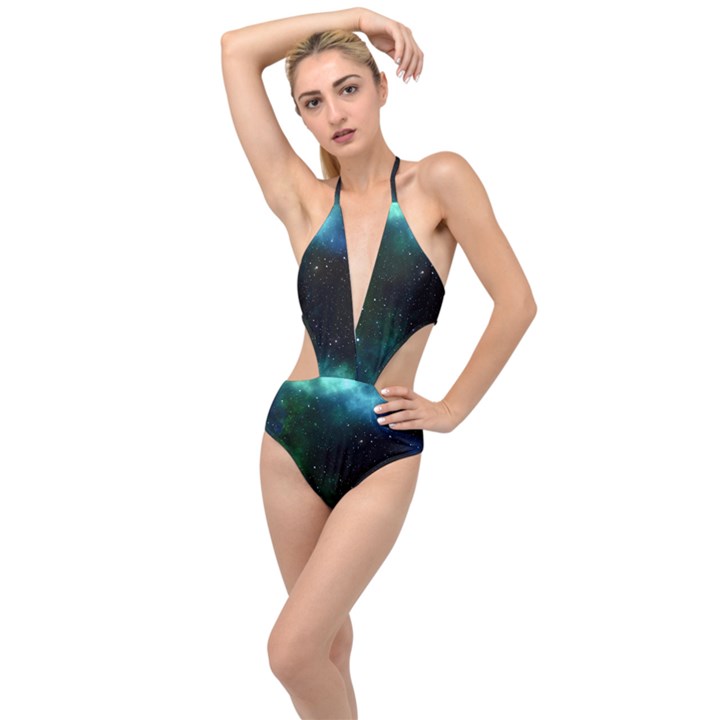 Galaxy Sky Blue Green Plunging Cut Out Swimsuit