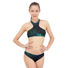 Galaxy Sky Blue Green High Neck Bikini Set by snowwhitegirl