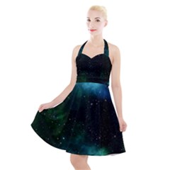 Galaxy Sky Blue Green Halter Party Swing Dress 