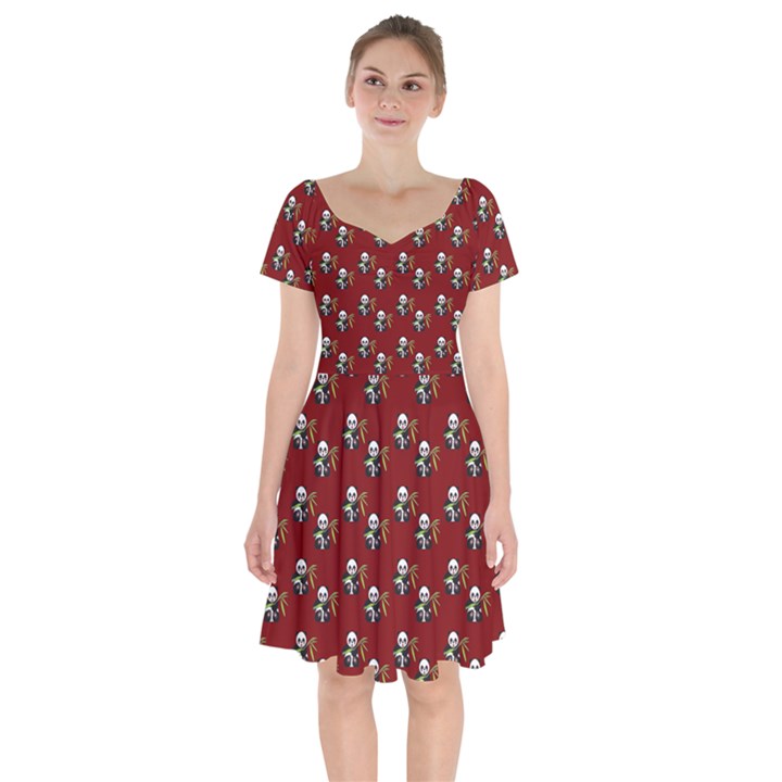 Panda With Bamboo Red Short Sleeve Bardot Dress