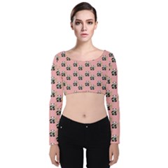 Panda With Bamboo Pink Velvet Long Sleeve Crop Top