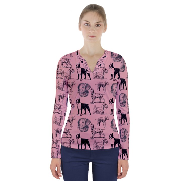 Dog Pattern Pink V-Neck Long Sleeve Top