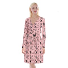 Dog Pattern Pink Long Sleeve Velvet Front Wrap Dress by snowwhitegirl