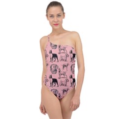 Dog Pattern Pink Classic One Shoulder Swimsuit by snowwhitegirl