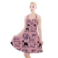 Dog Pattern Pink Halter Party Swing Dress  by snowwhitegirl