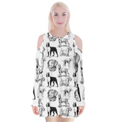 Dog Pattern White Velvet Long Sleeve Shoulder Cutout Dress by snowwhitegirl