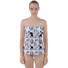 Dog Pattern White Twist Front Tankini Set by snowwhitegirl