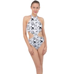 Dog Pattern White Halter Side Cut Swimsuit by snowwhitegirl