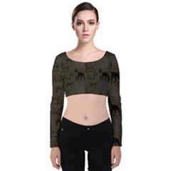 Dog Pattern Brown Velvet Long Sleeve Crop Top by snowwhitegirl