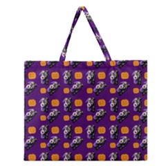 Halloween Skeleton Pumpkin Pattern Purple Zipper Large Tote Bag by snowwhitegirl