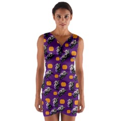 Halloween Skeleton Pumpkin Pattern Purple Wrap Front Bodycon Dress by snowwhitegirl