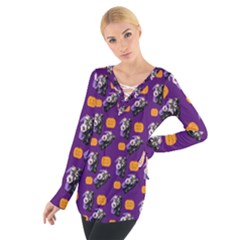 Halloween Skeleton Pumpkin Pattern Purple Tie Up Tee by snowwhitegirl