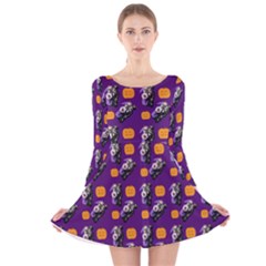 Halloween Skeleton Pumpkin Pattern Purple Long Sleeve Velvet Skater Dress by snowwhitegirl