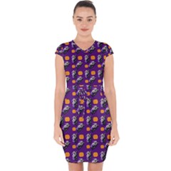 Halloween Skeleton Pumpkin Pattern Purple Capsleeve Drawstring Dress  by snowwhitegirl