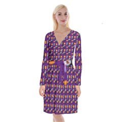 Halloween Skeleton Pumpkin Pattern Purple Long Sleeve Velvet Front Wrap Dress by snowwhitegirl