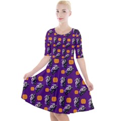 Halloween Skeleton Pumpkin Pattern Purple Quarter Sleeve A-line Dress by snowwhitegirl