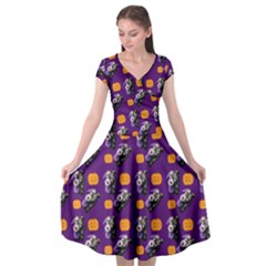 Halloween Skeleton Pumpkin Pattern Purple Cap Sleeve Wrap Front Dress by snowwhitegirl