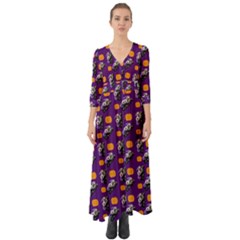 Halloween Skeleton Pumpkin Pattern Purple Button Up Boho Maxi Dress by snowwhitegirl