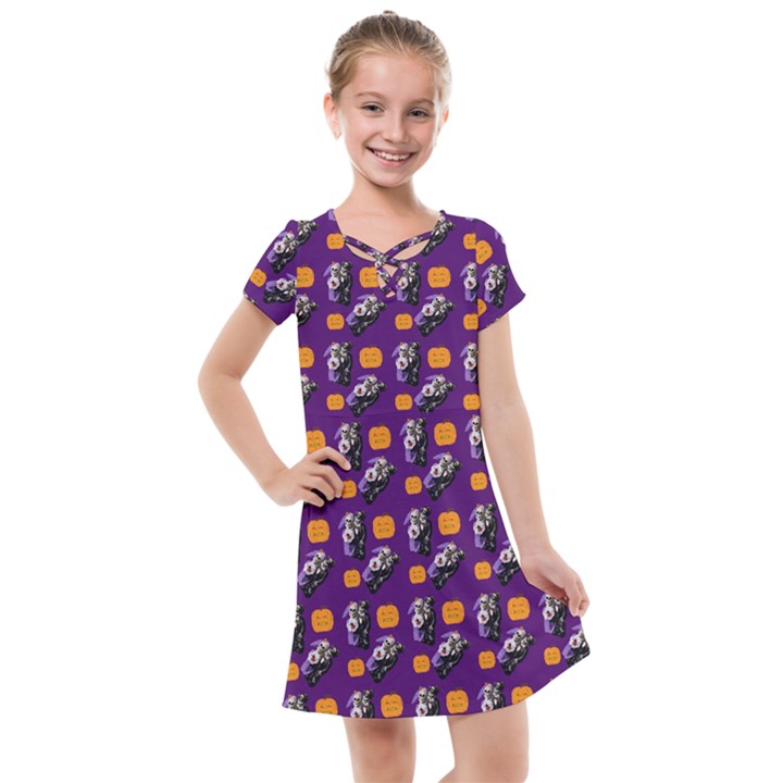 Halloween Skeleton Pumpkin Pattern Purple Kids  Cross Web Dress