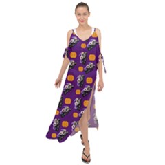 Halloween Skeleton Pumpkin Pattern Purple Maxi Chiffon Cover Up Dress