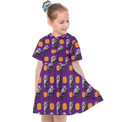 Halloween Skeleton Pumpkin Pattern Purple Kids  Sailor Dress by snowwhitegirl