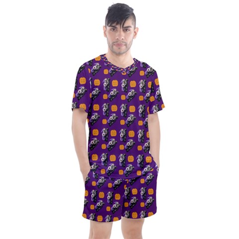 Halloween Skeleton Pumpkin Pattern Purple Men s Mesh Tee And Shorts Set by snowwhitegirl