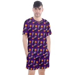 Halloween Skeleton Pumpkin Pattern Purple Men s Mesh Tee And Shorts Set