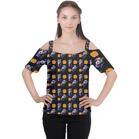 Halloween Skeleton Pumpkin Pattern Black Cutout Shoulder Tee by snowwhitegirl