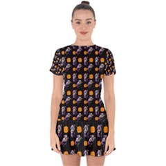 Halloween Skeleton Pumpkin Pattern Black Drop Hem Mini Chiffon Dress by snowwhitegirl