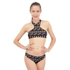 Halloween Skeleton Pumpkin Pattern Black High Neck Bikini Set