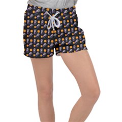 Halloween Skeleton Pumpkin Pattern Black Women s Velour Lounge Shorts