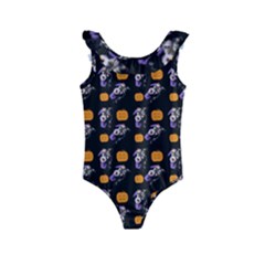 Halloween Skeleton Pumpkin Pattern Black Kids  Frill Swimsuit