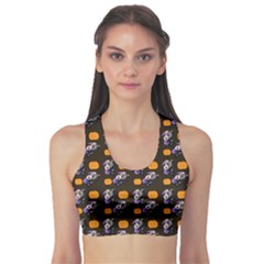 Halloween Skeleton Pumpkin Pattern Brown Sports Bra by snowwhitegirl