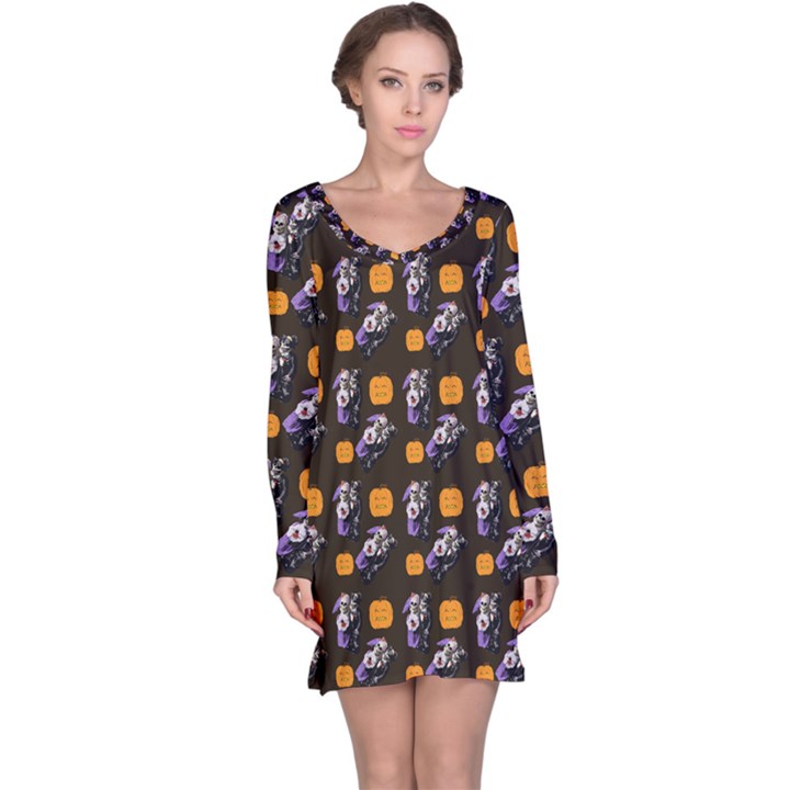 Halloween Skeleton Pumpkin Pattern Brown Long Sleeve Nightdress