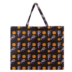 Halloween Skeleton Pumpkin Pattern Brown Zipper Large Tote Bag by snowwhitegirl