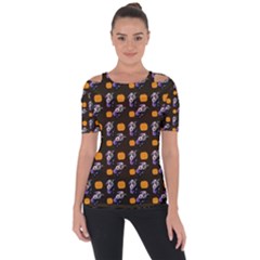 Halloween Skeleton Pumpkin Pattern Brown Shoulder Cut Out Short Sleeve Top by snowwhitegirl