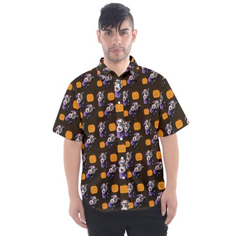 Halloween Skeleton Pumpkin Pattern Brown Men s Short Sleeve Shirt by snowwhitegirl