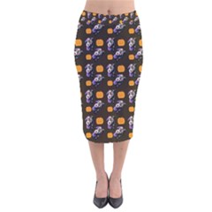 Halloween Skeleton Pumpkin Pattern Brown Velvet Midi Pencil Skirt by snowwhitegirl