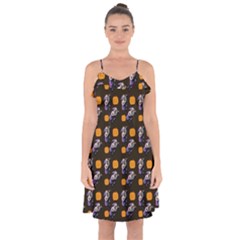 Halloween Skeleton Pumpkin Pattern Brown Ruffle Detail Chiffon Dress